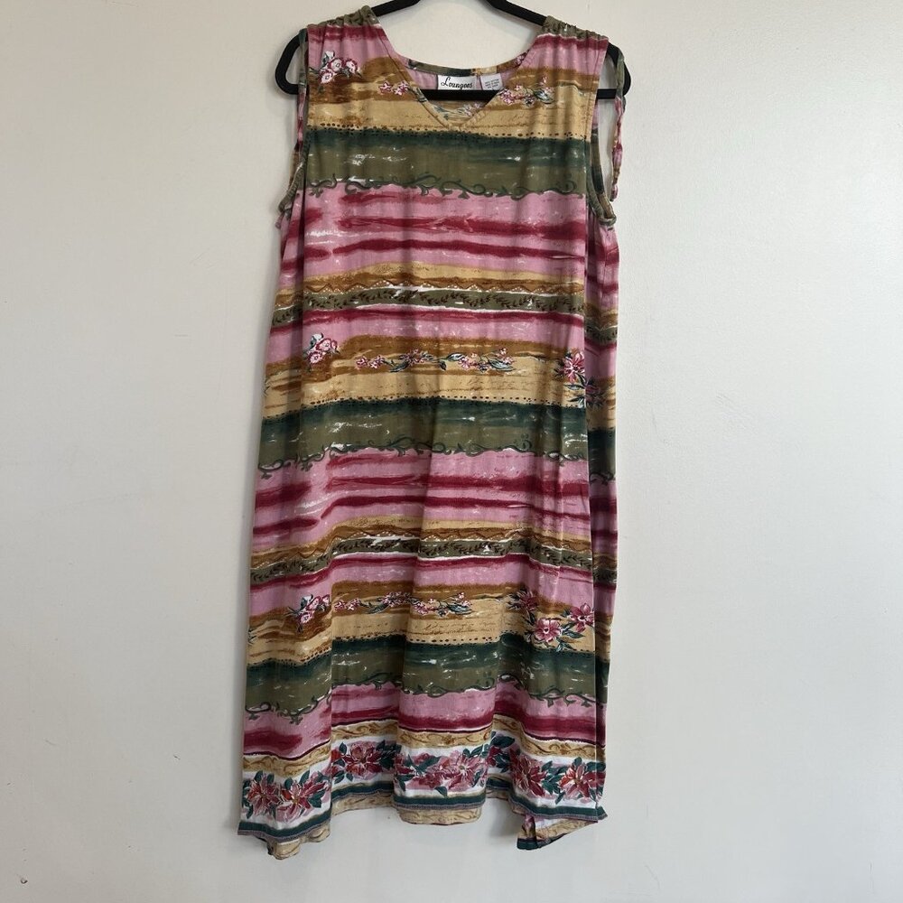 Loungees Shift Dress Sleeveless Floral Stripe Shoulder Ties 100% Cotton L